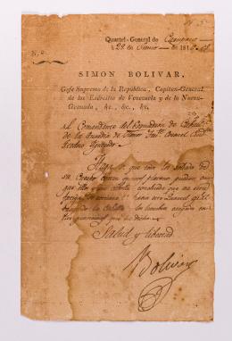 131   -  <span class="object_title">Orden de Bolívar al comandante Teodoro Figueredo, fechada en Carúpano el 29 de junio de 1816 para que recolecten y trasladen plátanos para alimento de tropas. </span>