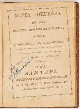 120   -  <span class="object_title">Justa defensa de los derechos imprescriptibles de la iglesia, en que se hace ver la legitimidad, exeso, y peligro de usurpar los diezmos, y rentas eclesiasticas sin previo juicio y acuerdo de los prelados y clero</span>