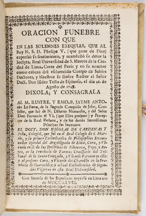 Cárdenas y Peña, Nicolás de :  Oración Fúnebre con que en l