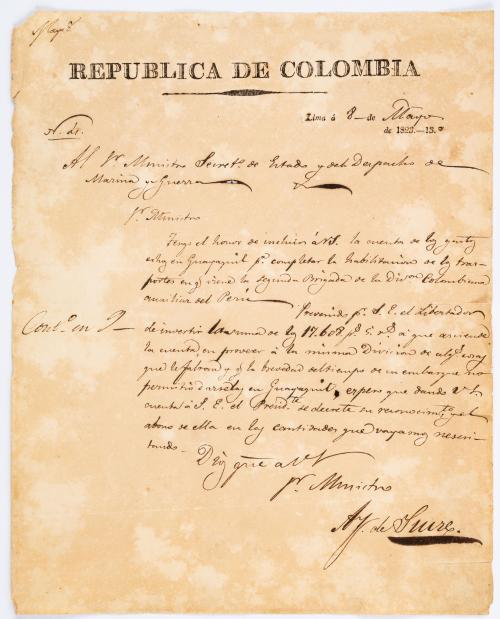 Sucre, Antonio José : Carta manuscrita firmada por Antonio