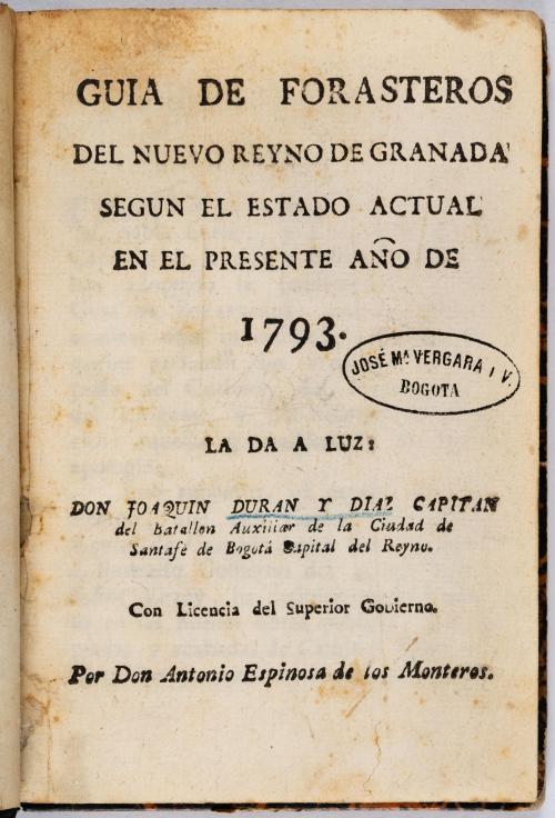 Durán y Díaz, Joaquín : Guía de forasteros del Nuevo Reyno