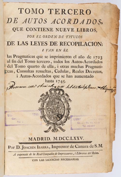 Ibarra, Joachin : Tomo tercero de autos acordados que conti