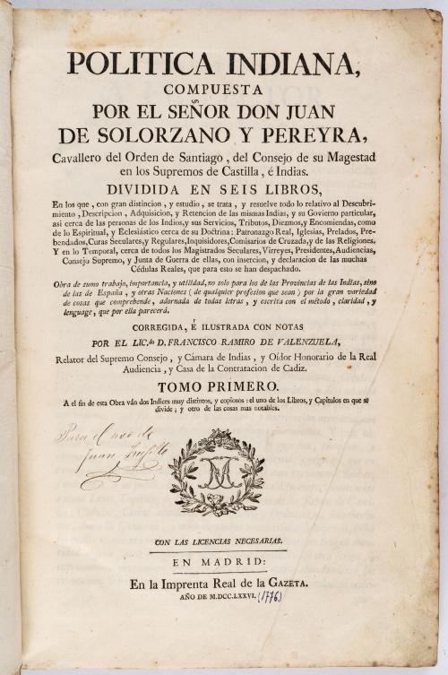 de Solórzano Pereira, Juan : Política indiana, compuesta po