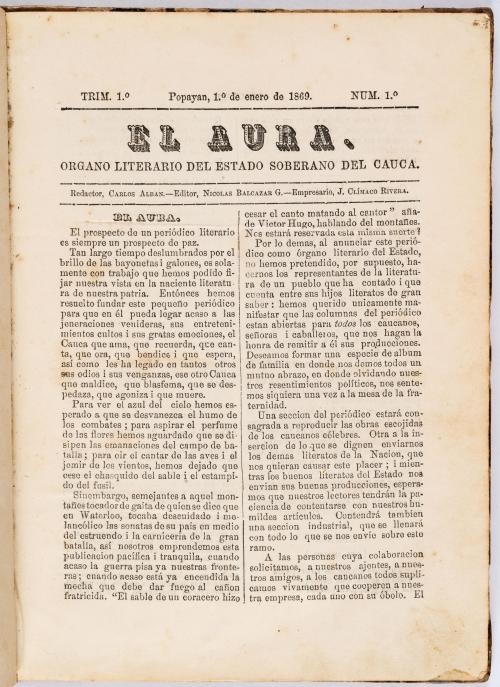 Caicedo, Diego : Periodico El Aura, órgano literario del Es