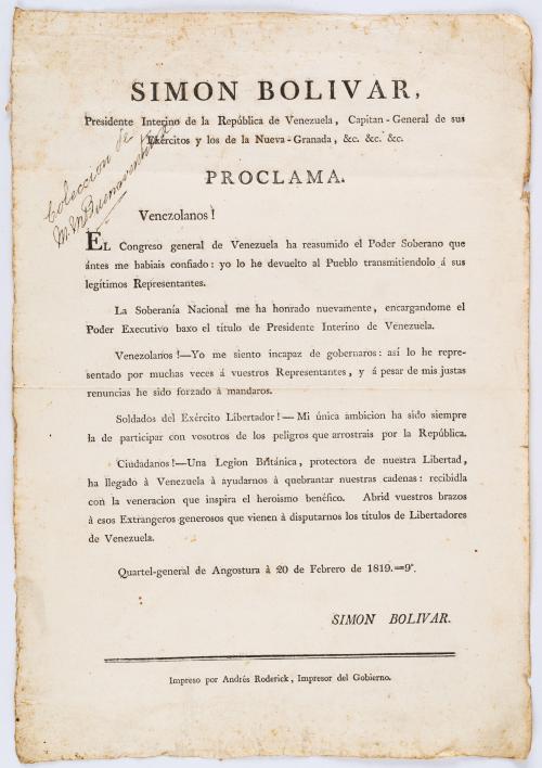 Bolívar, Simón : Simón Bolívar Proclama. Venezolanos! En Co