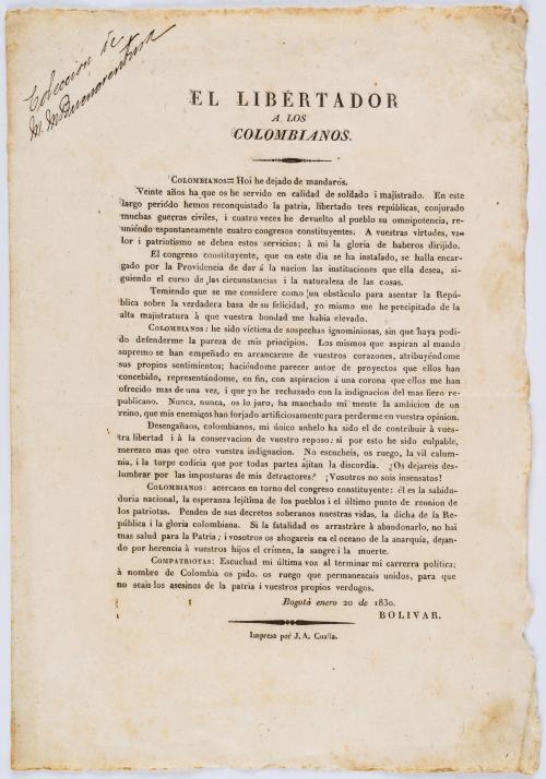 Bolívar, Simón : El Libertador a los Colombianos