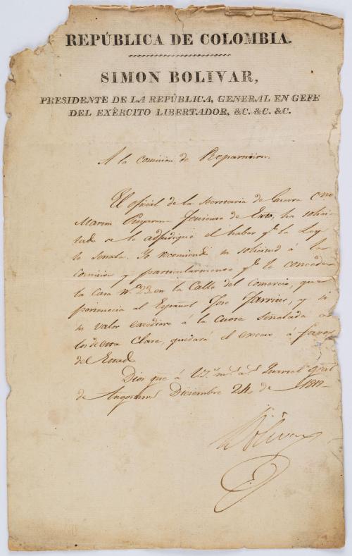 Bolívar : Carta firmada de Bolívar, 1819, dirigida a la Com