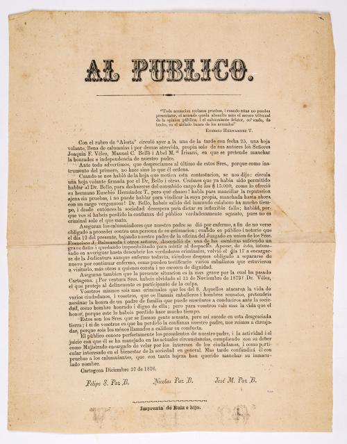 Felipe S. Paz. B.; Nicolas Paz B. José M. Paz B.  : Al públ