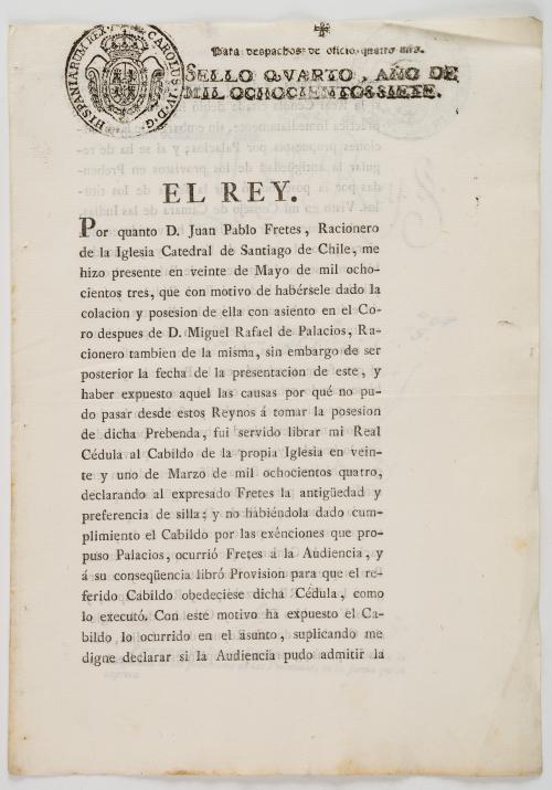 [Chile] Cédula Real firmada Yo el Rey. Por quianto D.Juan P