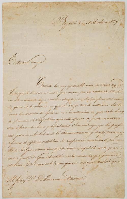 Bolívar, Simón : Carta manuscrita y autografiada por Simón 