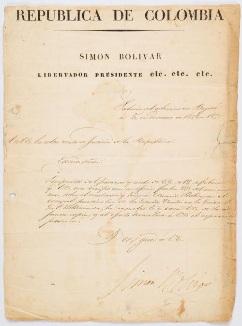 Firma manuscrita Simón Bolívar : Carta de Bolívar dirigida