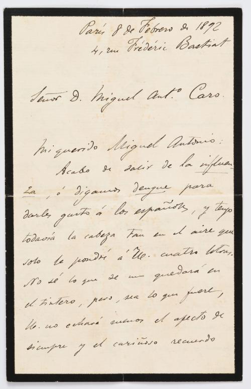 Cuervo, Rufino José : Carta Manuscrita a Miguel Antonio Car