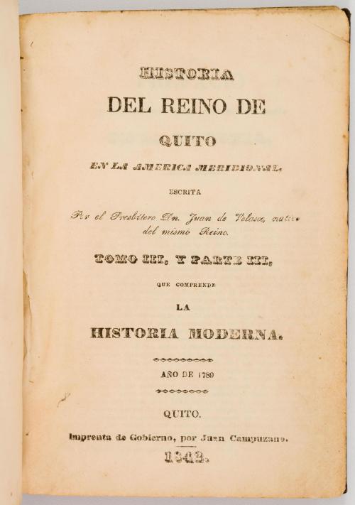 Velasco, Juan de : Historia del Reino de Quito en la Améric